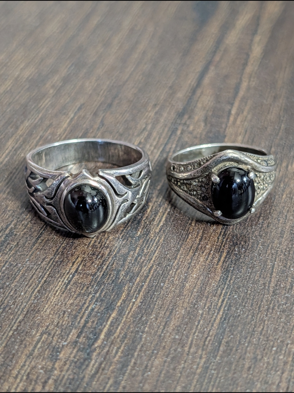 2x .925 Sterling Silver Onyx Gemstone Vintage Japanese Spinel Openwork Rings